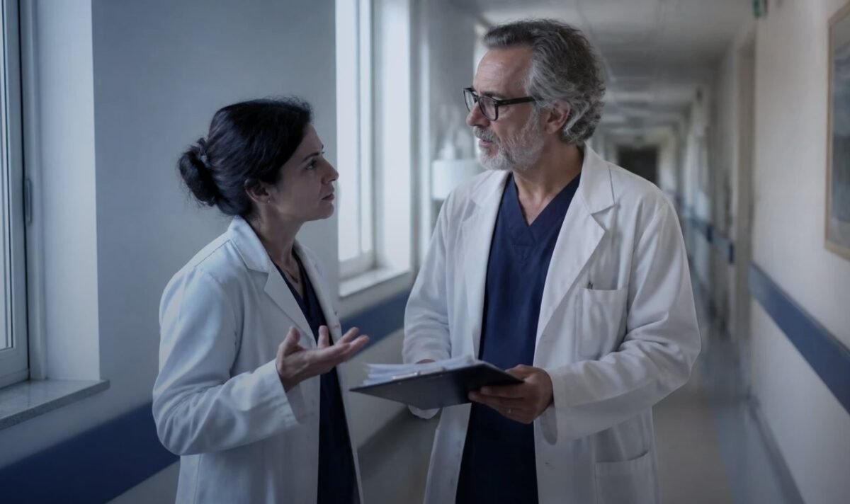 Médicos conversando em corredor de hospital