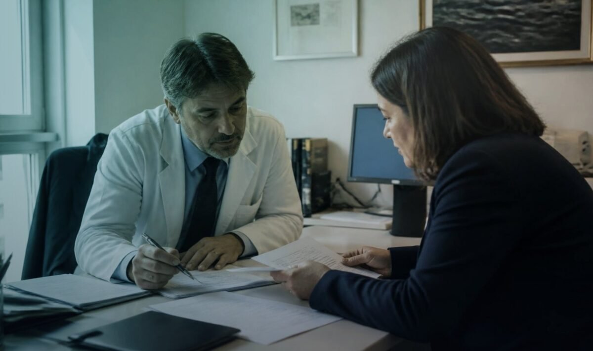 Médico e administradora analisando contrato