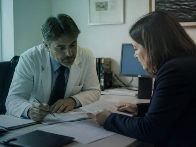 Médico e administradora analisando contrato