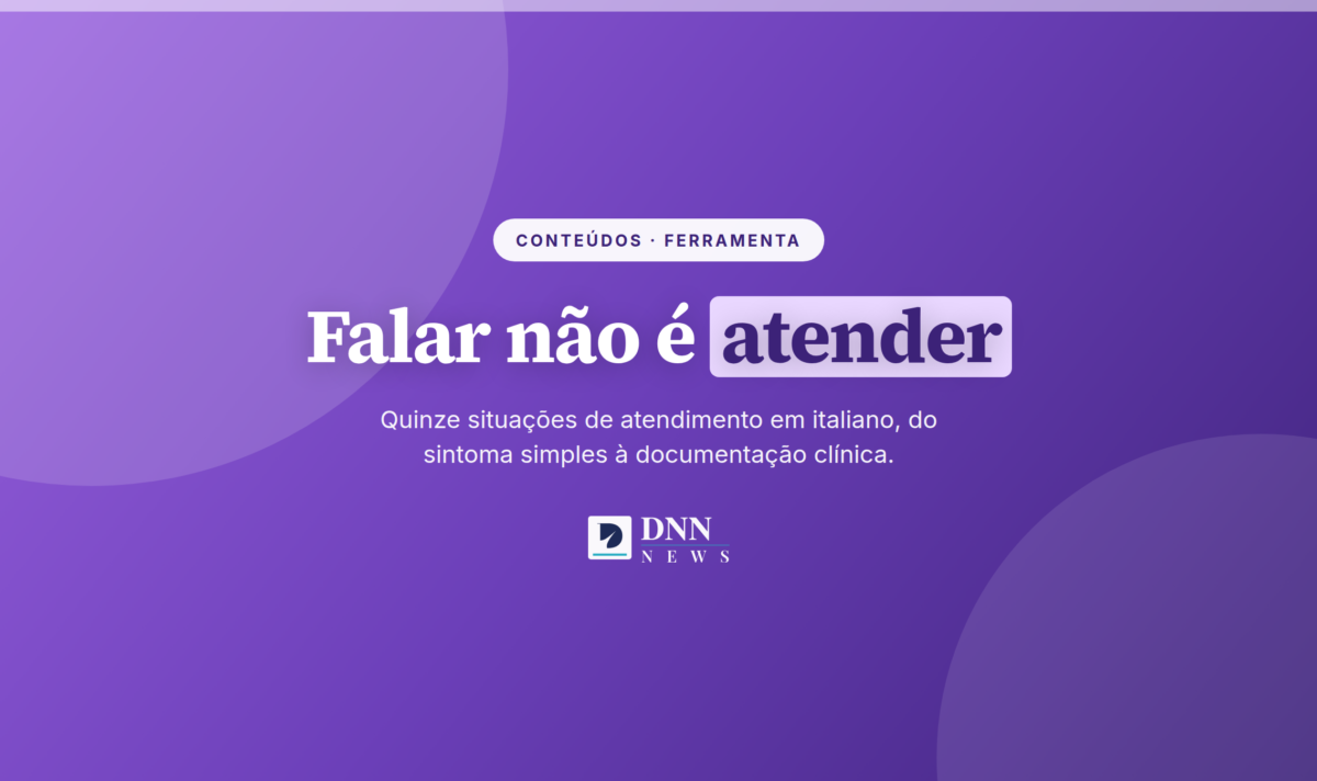 Cartaz com a frase "Falar italiano não é atender em italiano" e os dados do teste: quinze situações clínicas, faixa estimada de A1 a B2 e nenhum cadastro