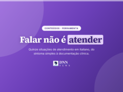 Cartaz com a frase "Falar italiano não é atender em italiano" e os dados do teste: quinze situações clínicas, faixa estimada de A1 a B2 e nenhum cadastro