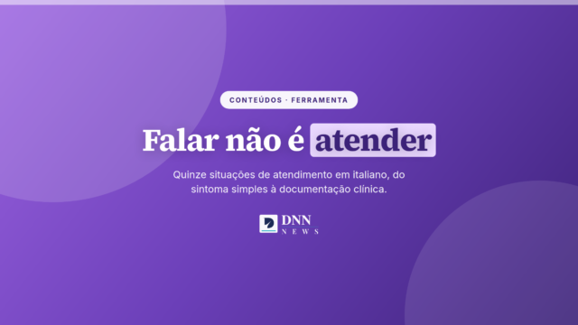 Cartaz com a frase "Falar italiano não é atender em italiano" e os dados do teste: quinze situações clínicas, faixa estimada de A1 a B2 e nenhum cadastro