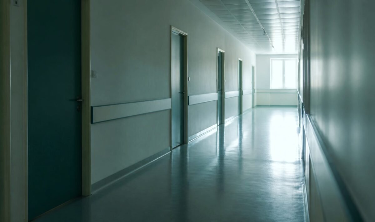 orredor vazio de hospital, com portas fechadas em sequência e luz natural entrando por uma janela ao fundo