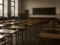 Sala de provas universitária vazia, com carteiras de madeira enfileiradas e luz cinzenta entrando pelas janelas