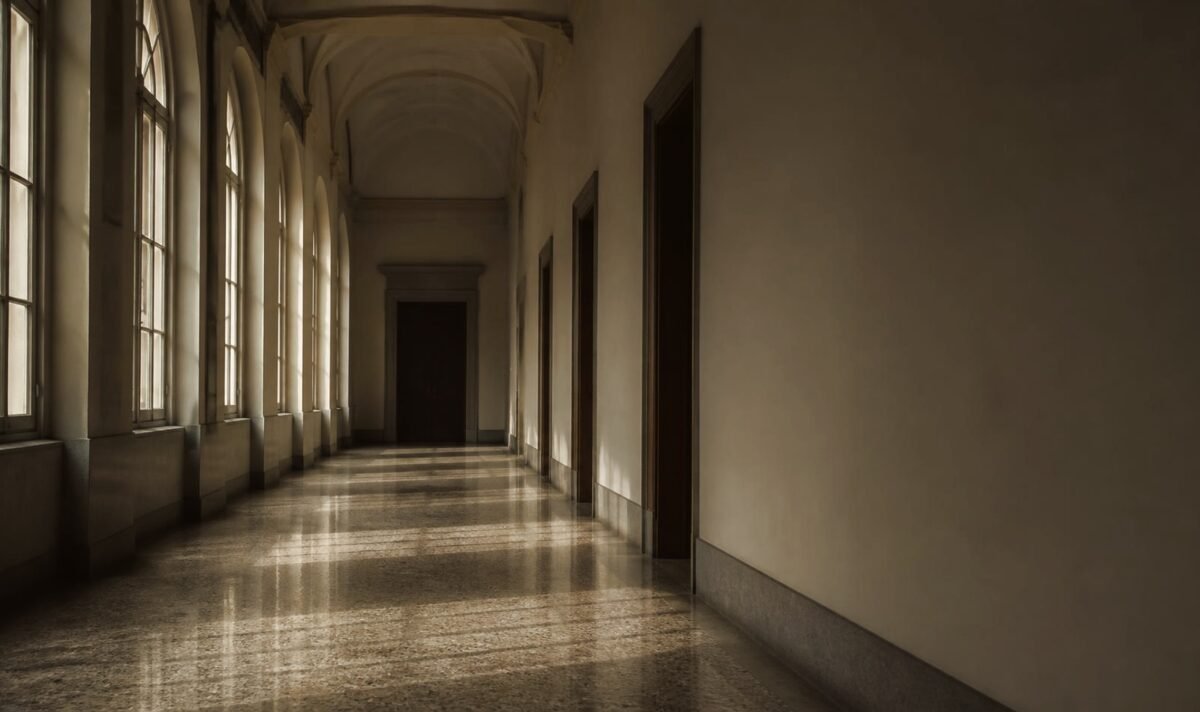 Corredor vazio de um prédio público, com janelas em arco à esquerda projetando luz diagonal sobre o piso e portas fechadas à direita